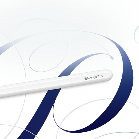 Apple Pencil Pro, Weiß, vor einem weißen Hintergrund mit blauen Wirbeln
