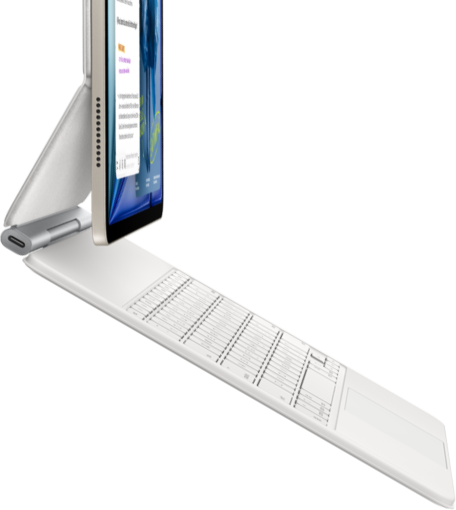 iPad Air, Farbe Polarstern, befestigt am Magic Keyboard, Weiß, Seitenansicht