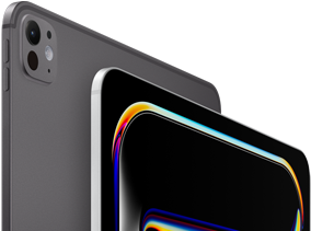 iPad Pro, Rückseite, Farbe Space Schwarz, Lautstärketasten und Pro Kamera-System, iPad Pro, Vorderseite, Farbe Silber, gerundete Ecken, schwarzer Displayrand, Display mit schwarzem Hintergrund und mehrfarbigen abstrakten Linienzeichnungen