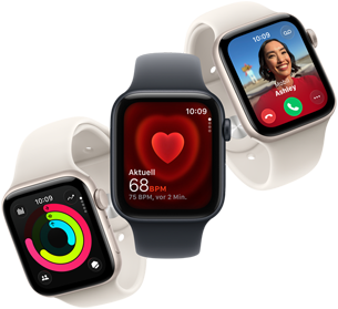 Drei Apple Watch SE 3 Geräte, die nebeneinander schweben