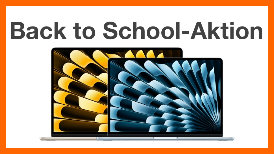 Banner mit Back to school Überschrift. Darunter sind zwei MacBook Air zu sehen.