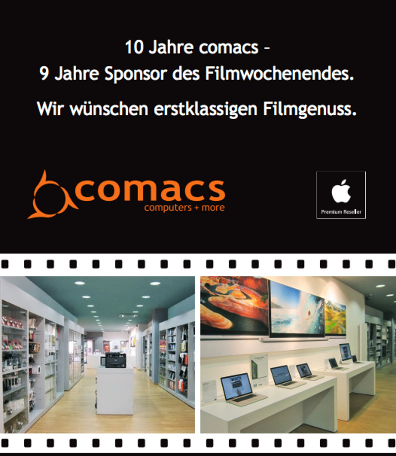 man sieht zwei Bilder des Verkaufsraumes bei comacs und in weißer Schrift auf schwarzem Hintergrund steht: 10 Jahre comacs, 9 Jahre Sponsor des Filmwochendes. Wir wünschen erstklassigen Filmgenuss