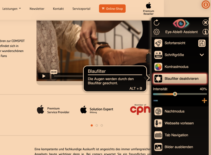Beispielansicht der comacs Webseite im Blaulichtfiltermodus