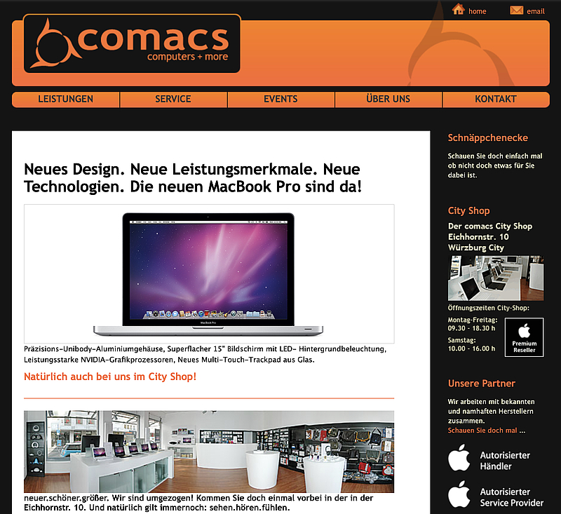comacs Webseite mit Werbeartikel für Mac Book Pro