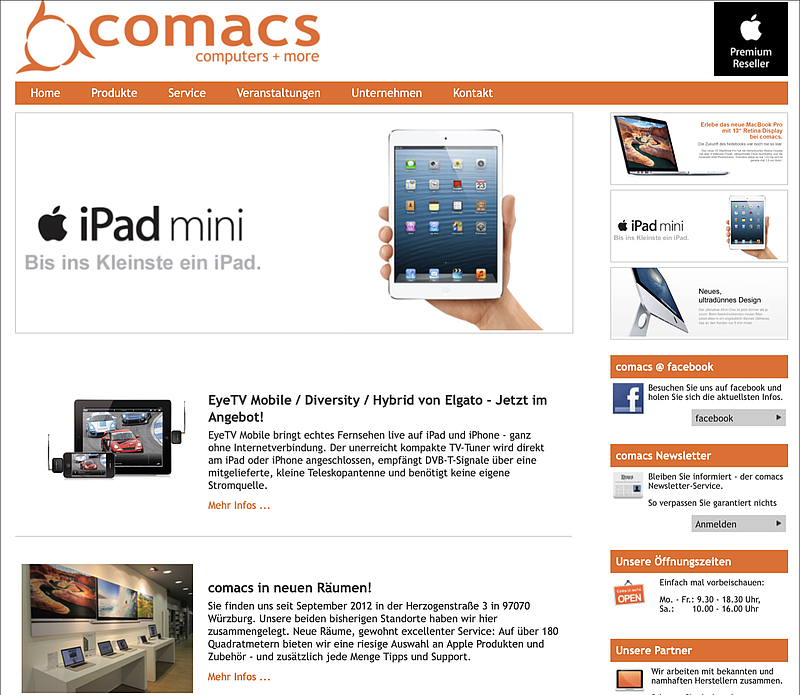 eine weiße Webseite mit orangen Designelementen. Oben links ist das comacs Logo in orange zu sehen.