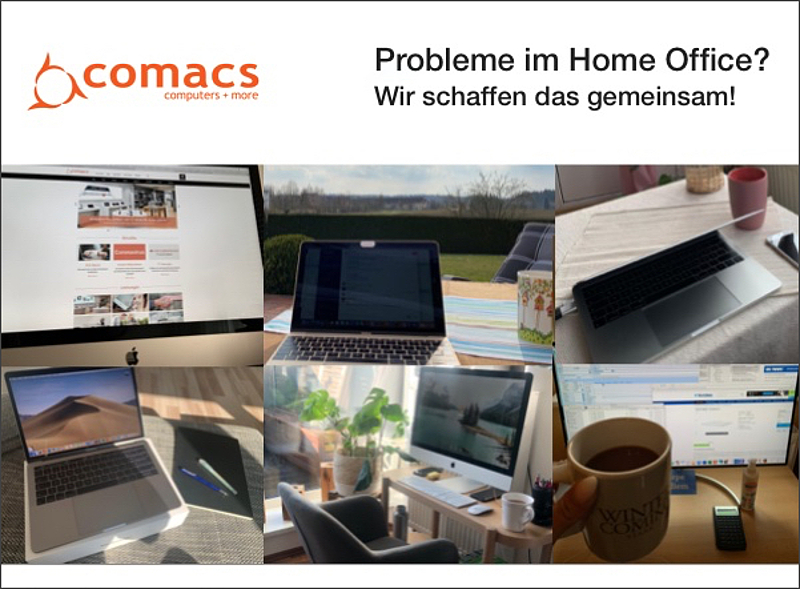 eine Collage aus mehreren Homeoffice Arbeitsplätzen, darüber die Überschrift: Probleme im Homeoffice? Wir schaffen das gemeinsam!